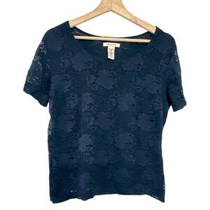 Vintage blue lace Medium short sleeve blouse Y2K 90s layer coastal grandma navy